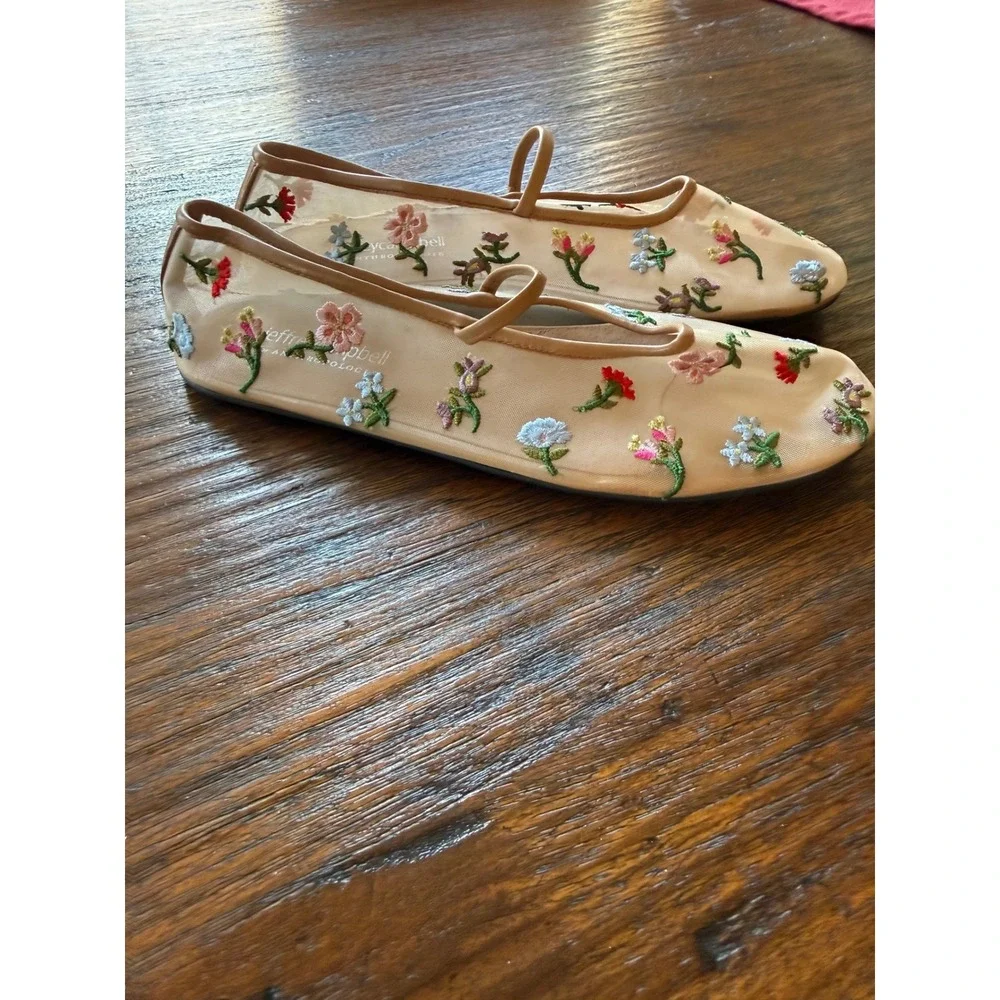 Jeffrey Campbell Anthropologie Embroidered Mesh Mary Jane Ballet Flats Size 6.5